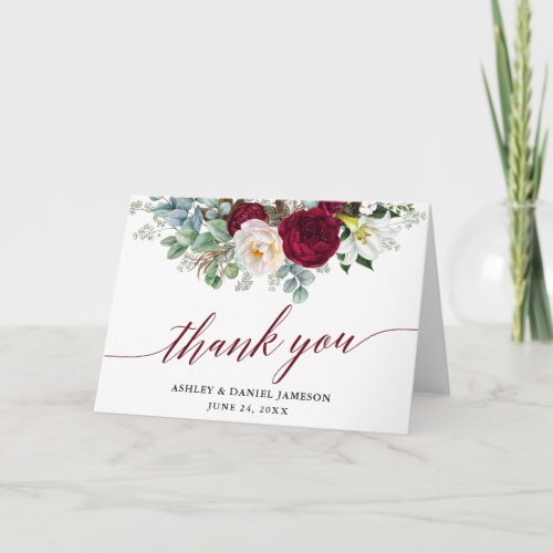 Burgundy Floral Greenery Calligraphy Wedding Fold Thank You Card