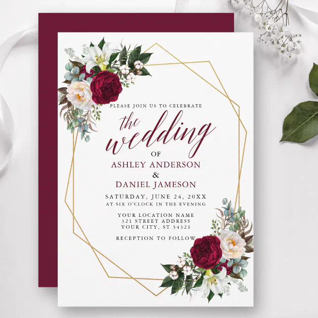 Burgundy Floral Greenery Calligraphy Wedding Gold Invitation | Zazzle