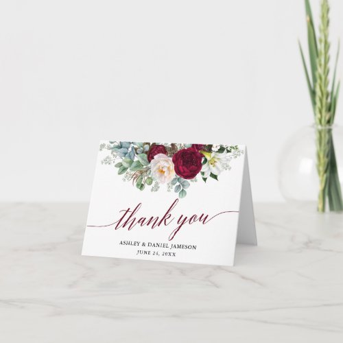 Burgundy Floral Greenery Calligraphy Wedding Note Thank You Card