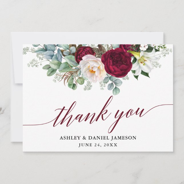 Burgundy Floral Greenery Calligraphy Wedding Thank You Card (Front)