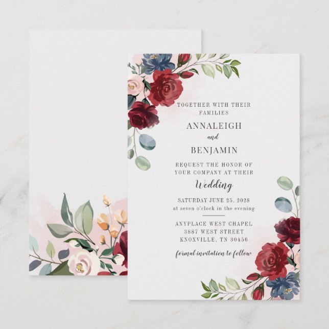 Burgundy Floral Greenery Foliage Blush Wedding Invitation (Front/Back)