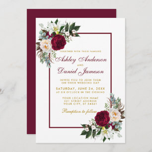 Burgundy Floral Greenery Framed Wedding Gold Invitation