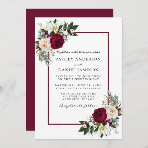 Burgundy Floral Greenery Framed Wedding Invitation
