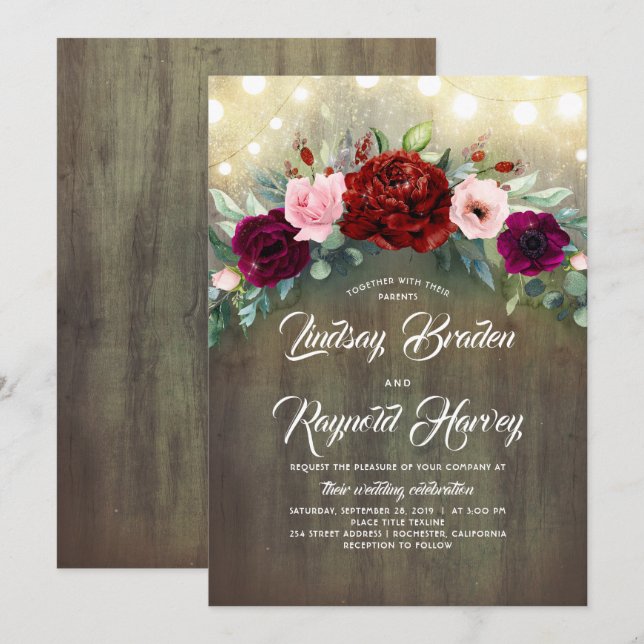 Burgundy Floral Greenery Garland Rustic Wedding Invitation (Front/Back)