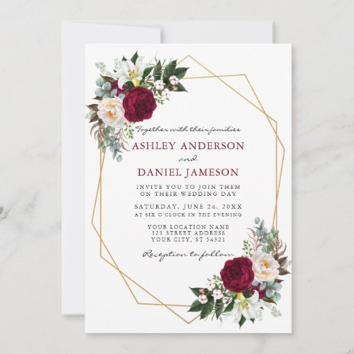 Burgundy Floral Greenery Gold Frame Photo Wedding Invitation 