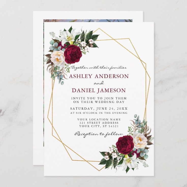 Burgundy Floral Greenery Gold Frame Photo Wedding Invitation | Zazzle