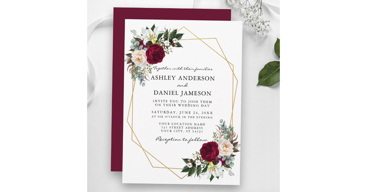 Burgundy Floral Greenery Gold Frame Wedding Invitation | Zazzle