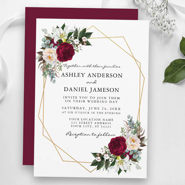 Burgundy Floral Greenery Gold Frame Wedding Invitation | Zazzle
