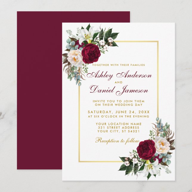 Burgundy Floral Greenery Gold Framed Wedding Invitation (Front/Back)