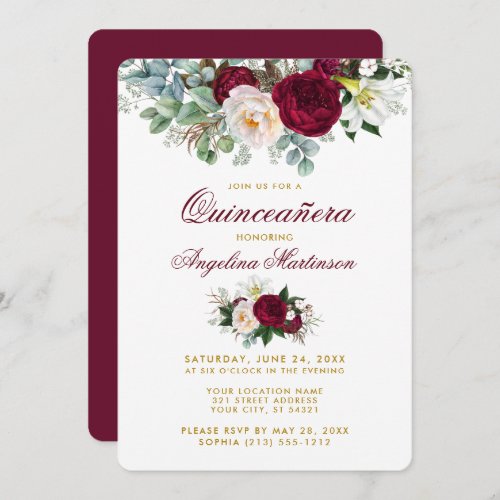 Burgundy Floral Greenery Gold Quinceanera Invitation