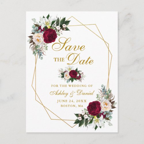 Burgundy Floral Greenery Gold Save The Date Announcement Postcard