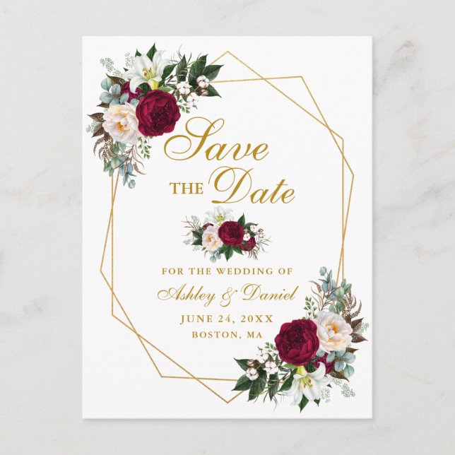 Burgundy Floral Greenery Gold Save The Date Announcement Postcard (Front)