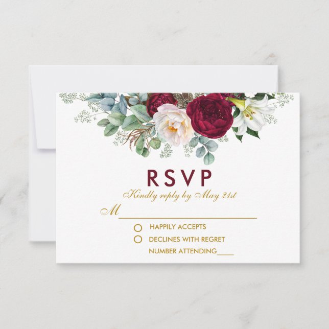 Burgundy Floral Greenery Gold Wedding RSVP (Front)
