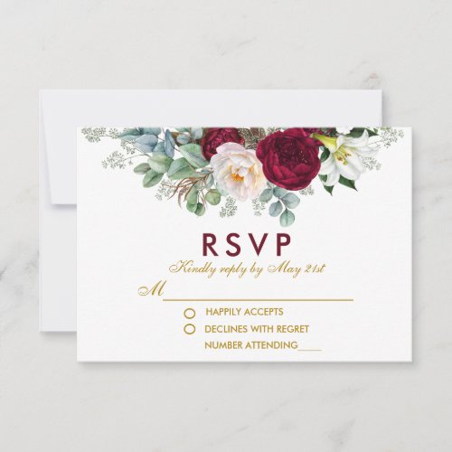 Burgundy Floral Greenery Gold Wedding RSVP