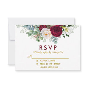 Burgundy Floral Greenery Gold Wedding RSVP Card
