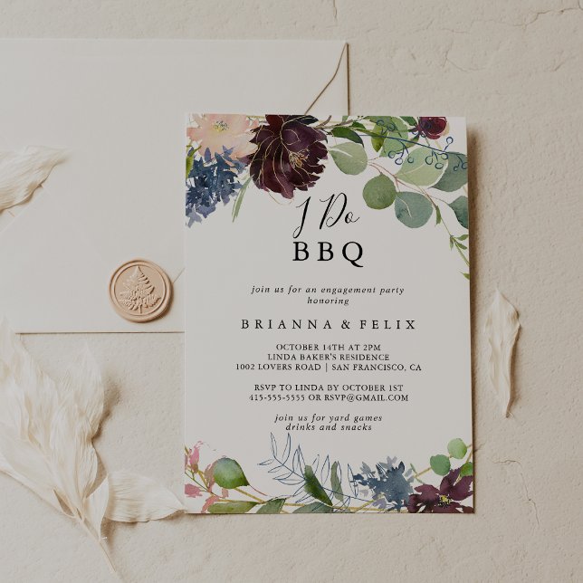 Burgundy Floral Greenery I Do BBQ Engagement Party Invitation (Creator Uploaded)