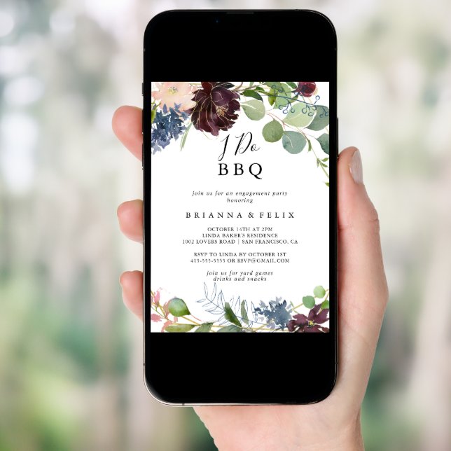 Burgundy Floral Greenery I Do BBQ Engagement Party Invitation (Front Digital)