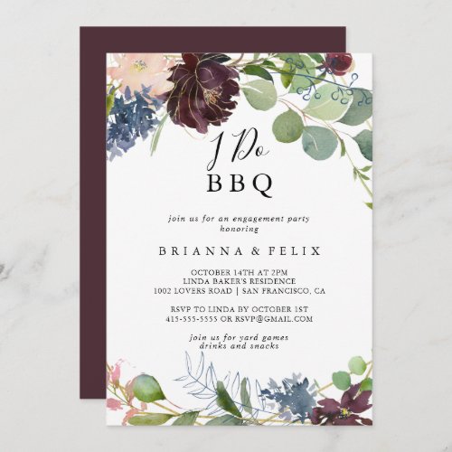 Burgundy Floral Greenery I Do BBQ Engagement Party Invitation