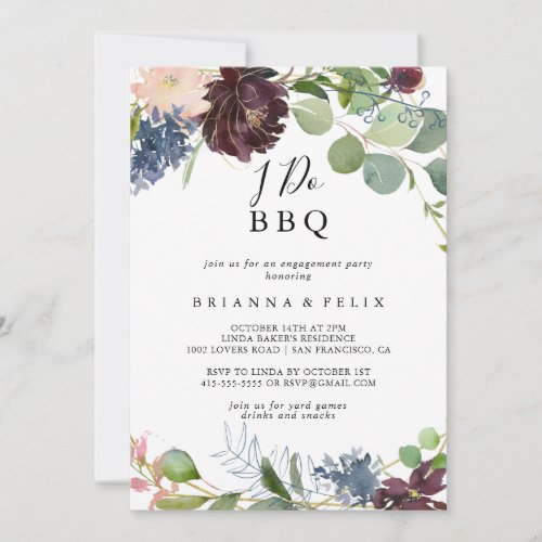 Burgundy Floral Greenery I Do BBQ Engagement Party Invitation
