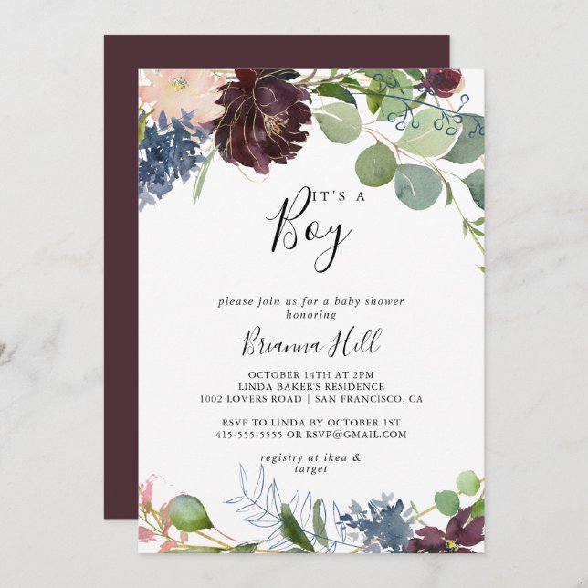 Burgundy Floral Greenery It's A Boy Baby Shower Invitation (Front/Back)