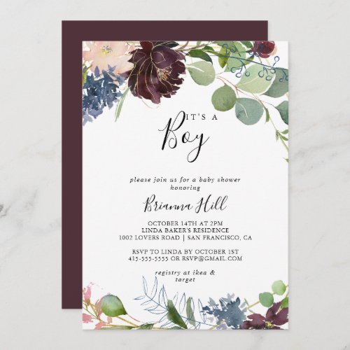 Burgundy Floral Greenery Its A Boy Baby Shower Invitation