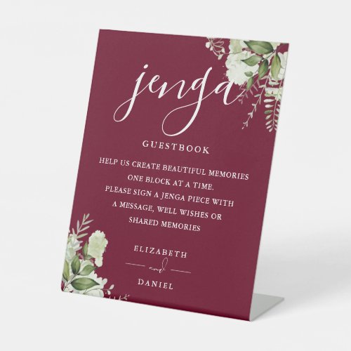 Burgundy Floral Greenery Jenga Wedding Guestbook Pedestal Sign