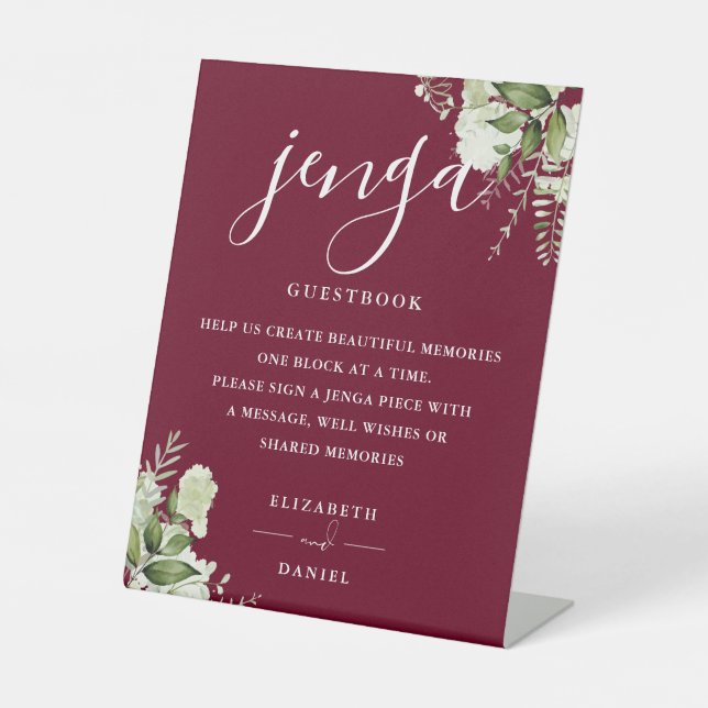 Burgundy Floral Greenery Jenga Wedding Guestbook Pedestal Sign (Front)
