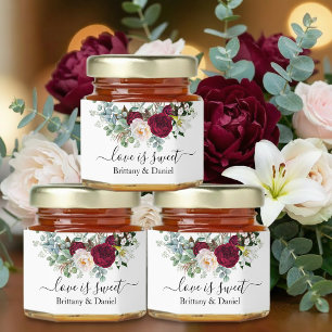 Burgundy Floral Greenery Love Is Sweet Wedding Honey Jar Favors