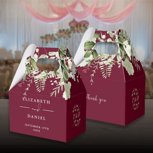 Burgundy Floral Greenery Monogram Wedding Favor Boxes