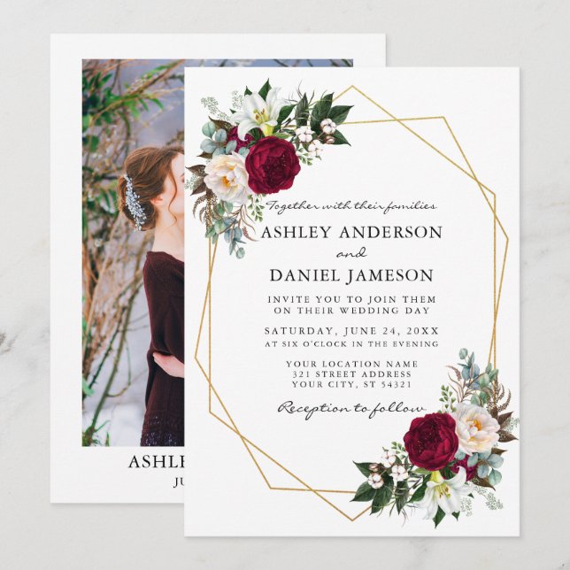Burgundy Floral Greenery Photo Gold Frame Wedding Invitation (Front/Back)