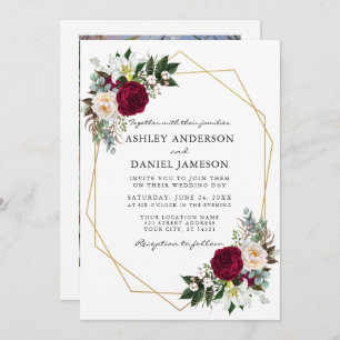 Burgundy Floral Greenery Photo Gold Frame Wedding Invitation
