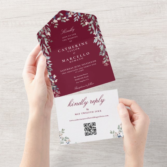 Burgundy Floral Greenery QR Code Wedding All In One Invitation (Tearaway)