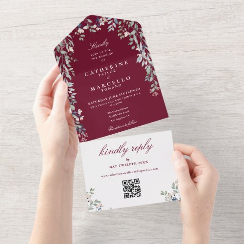 Burgundy Floral Greenery QR Code Wedding All In One Invitation