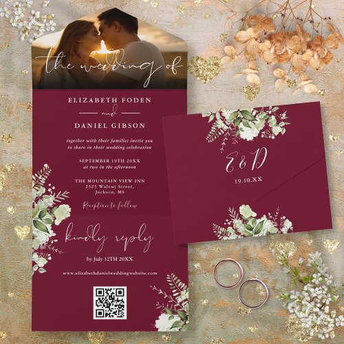 Burgundy Floral Greenery QR Code Wedding Photo All In One Invitation