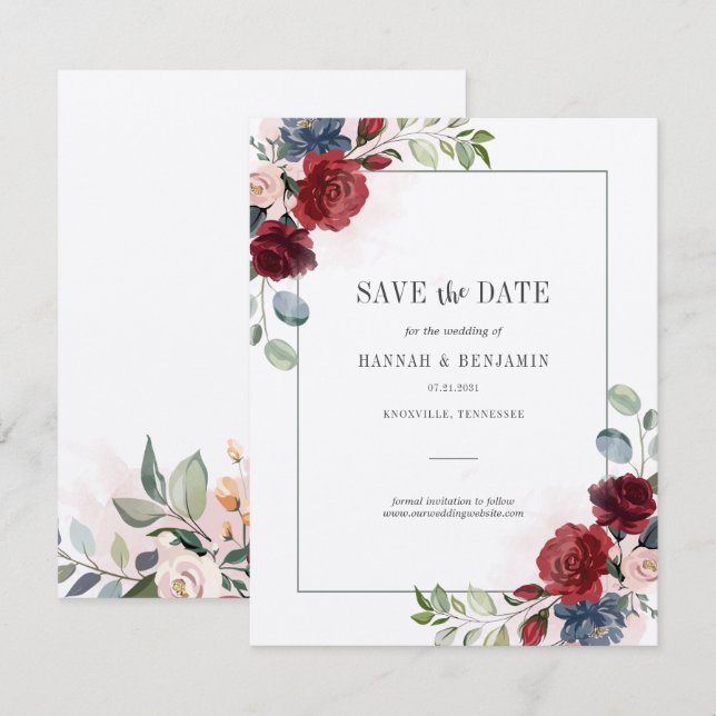 Burgundy Floral Greenery Save the Date (Front/Back)