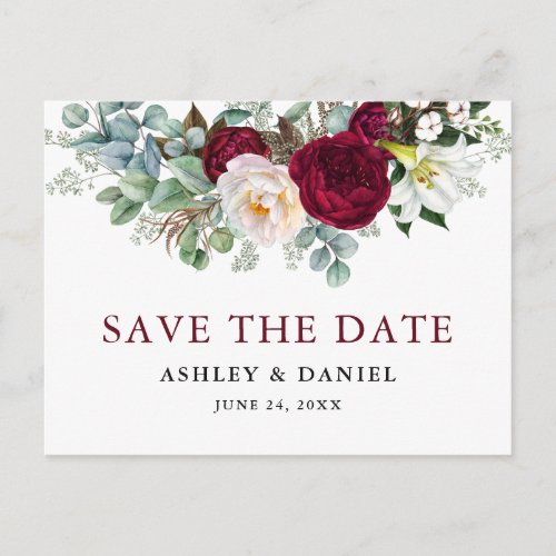 Burgundy Floral Greenery Save The Date Postcard