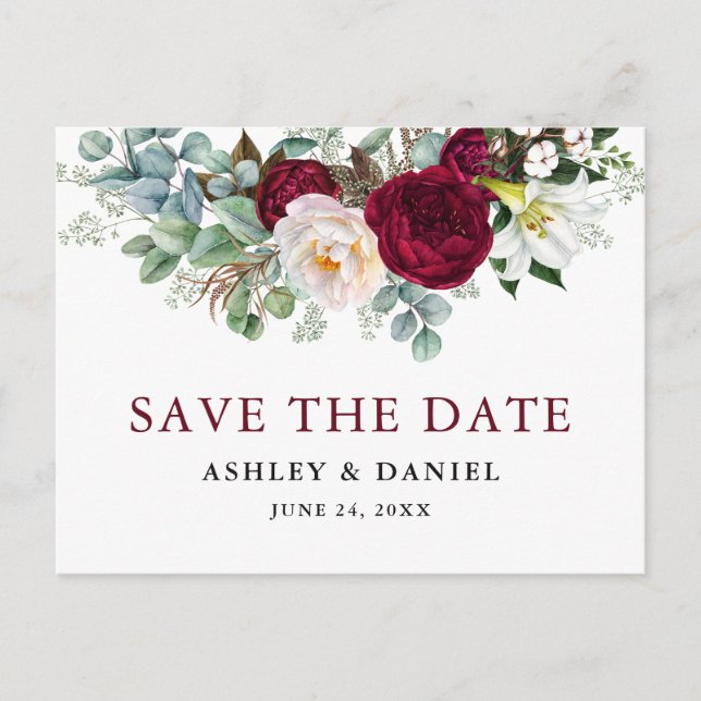 Burgundy Floral Greenery Save The Date Postcard (Front)