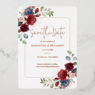 Burgundy Floral Greenery Save the Date Rose Gold Foil Invitation