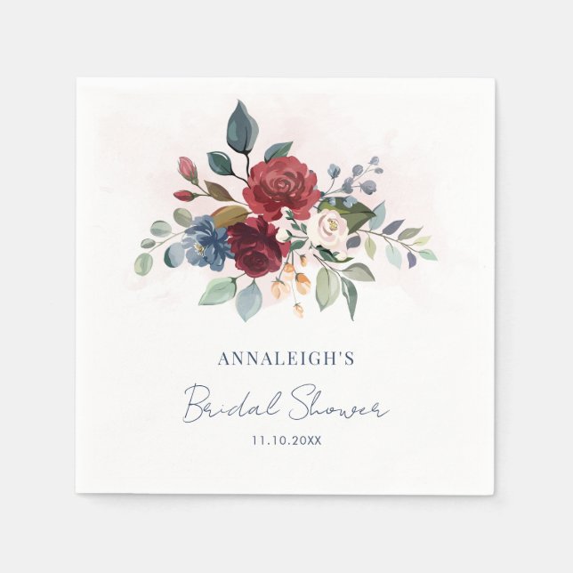 Burgundy Floral Greenery Script Bridal Shower Napkins (Front)