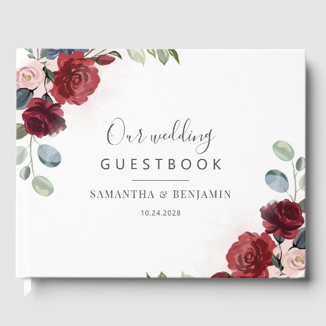 Burgundy Floral Greenery Script Wedding Guest Book (Front)