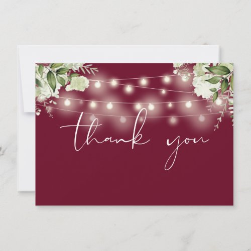 Burgundy Floral Greenery String Lights Thank You Card