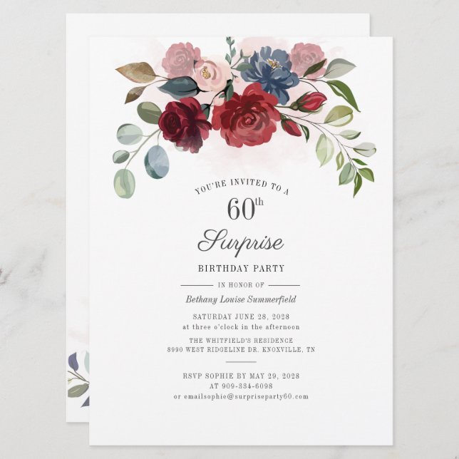 Burgundy Floral Greenery Surprise 60th Birthday Invitation (Front/Back)
