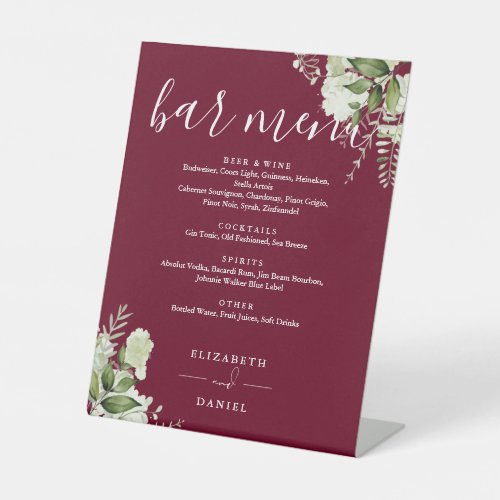 Burgundy Floral Greenery Wedding Bar Menu Pedestal Sign