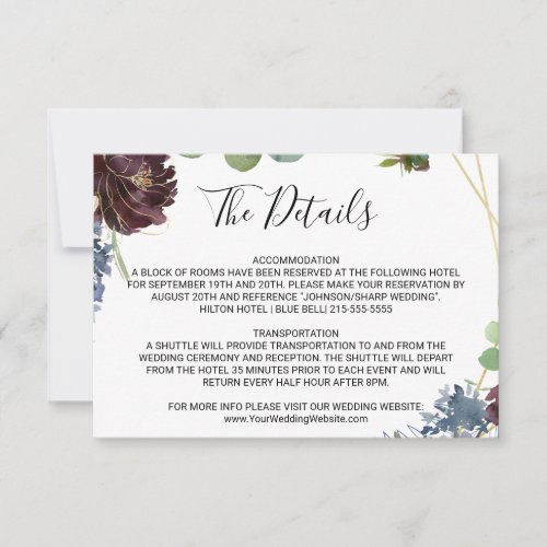 Burgundy Floral  Greenery Wedding Details Insert Invitation