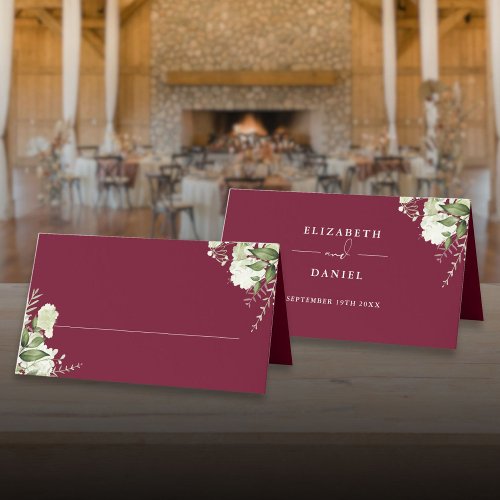 Burgundy Floral Greenery Wedding Folded Place Card