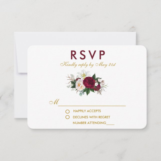 Burgundy Floral Greenery Wedding Gold RSVP (Front)