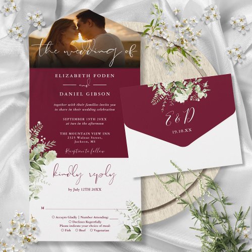 Burgundy Floral Greenery Wedding Photo All In One Invitation