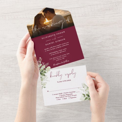 Burgundy Floral Greenery Wedding Photo All In One Invitation