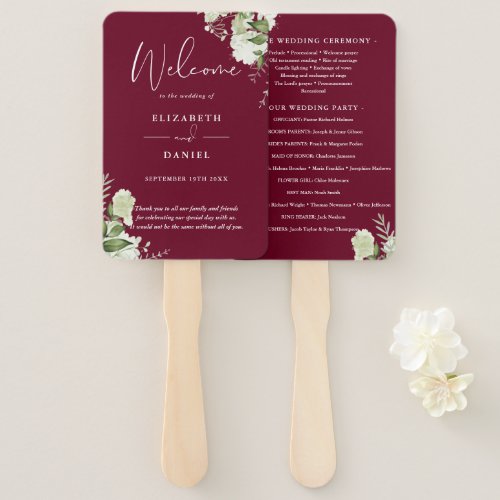 Burgundy Floral Greenery Wedding Program Hand Fan