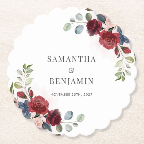 Burgundy Floral Greenery Wedding Reception Favors Paper Coaster